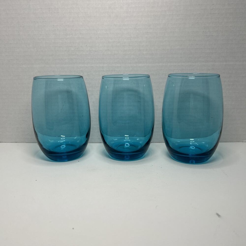 Cristar Glass Stemless Wine Water Cocktail 5" Glasses Blue Turquoise Set Of 3